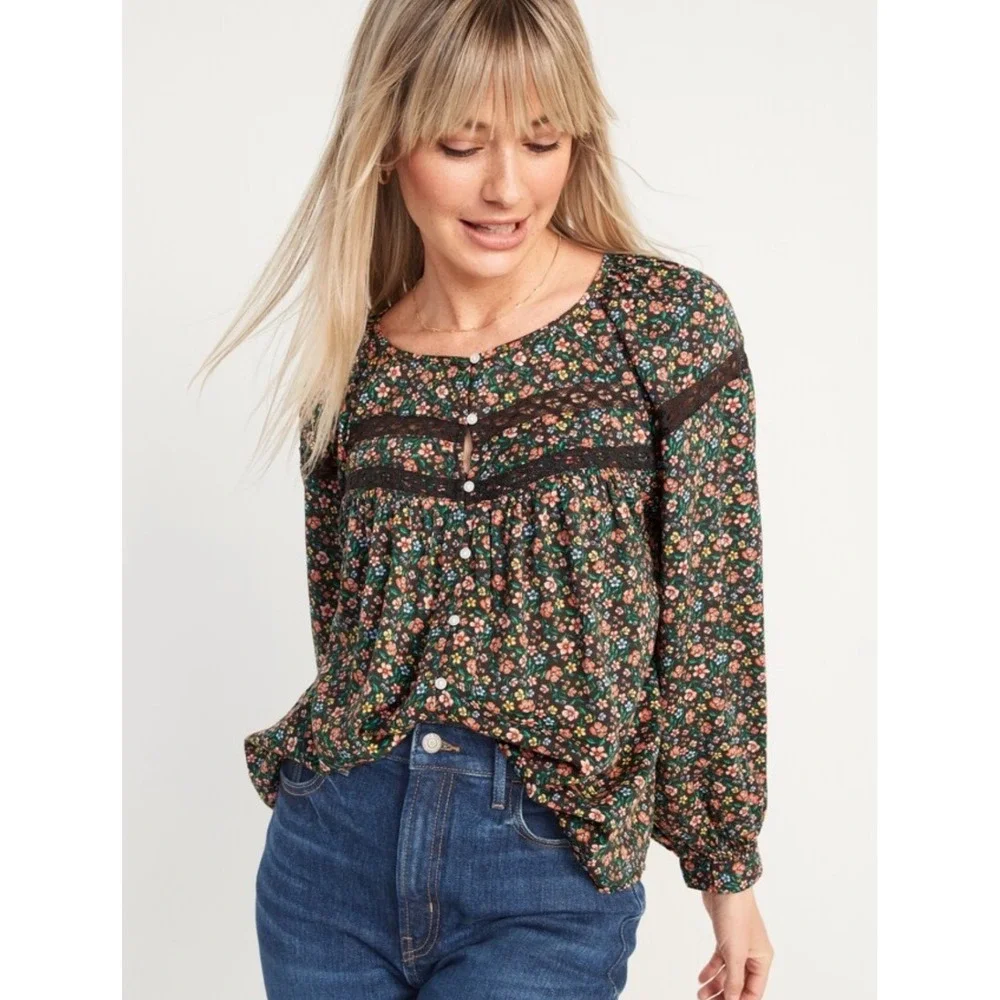 Old Navy Long-Sleeve Lace-Trimmed Floral Print Blouse Womens Sz 4X Bohemian Boho - Picture 2 of 14